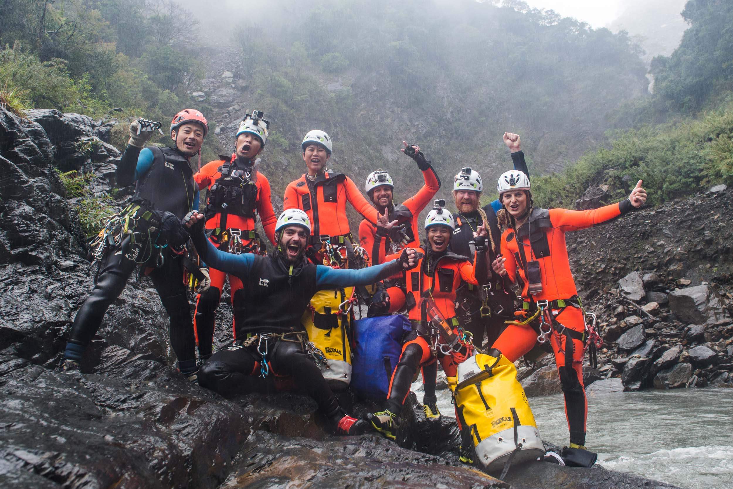 The Taiwan Canyoning Expedition Team (L to R): Ryoji Onishi, Akira Tanaka, Gus Schiavon, Jasmine Li, Andrew Humphreys, Supii Liem, Mike Harris and Moritz Sonntag