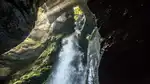 A waterfall seen from below